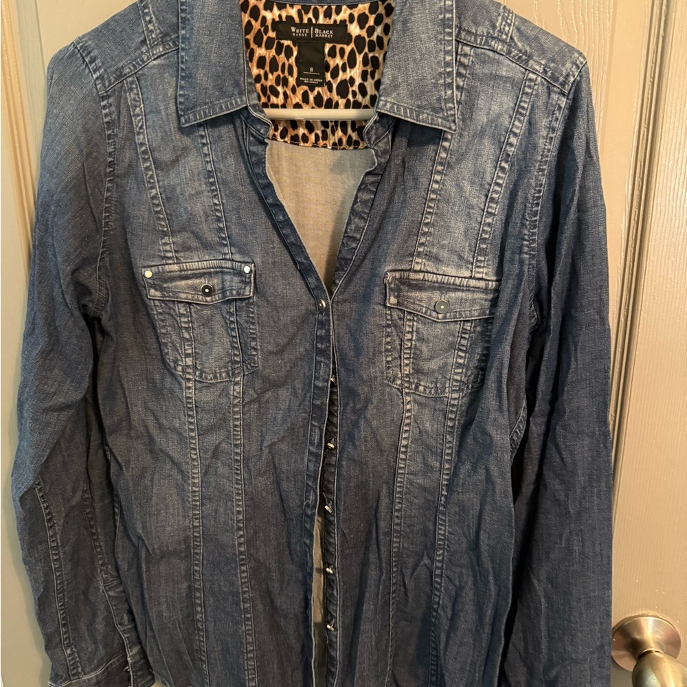 White House Black Market Denim Shirt with Leopard Print